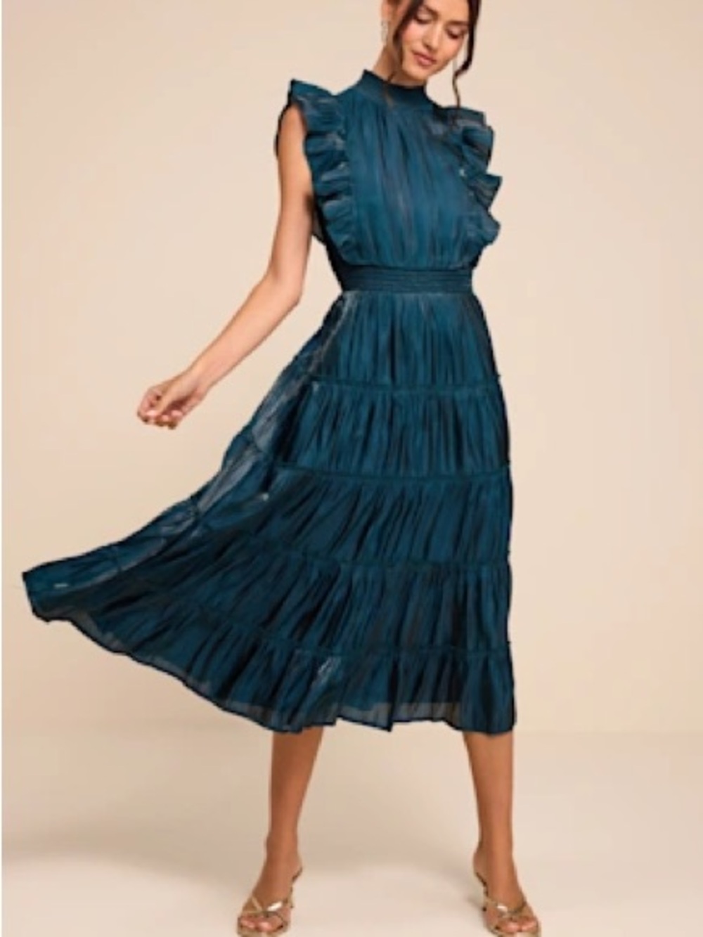 NWT Lulu's Teal Ruffled Midi Dress with Smocked Waist